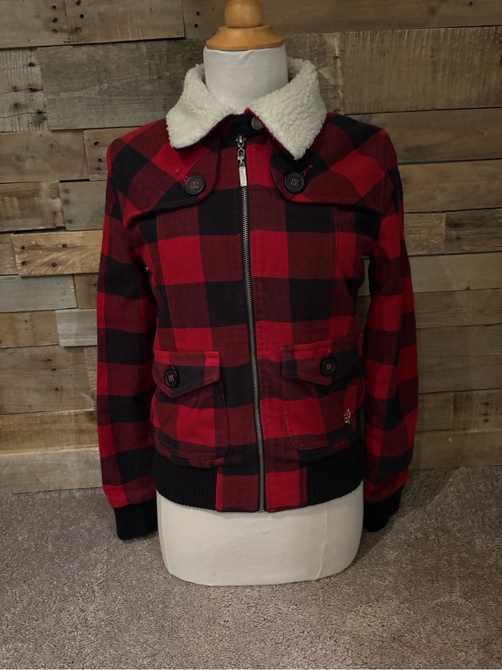 Fox Girls (Fox Racing) Buffalo Plaid Bomber Jacket Red/Black Y2K - Size S